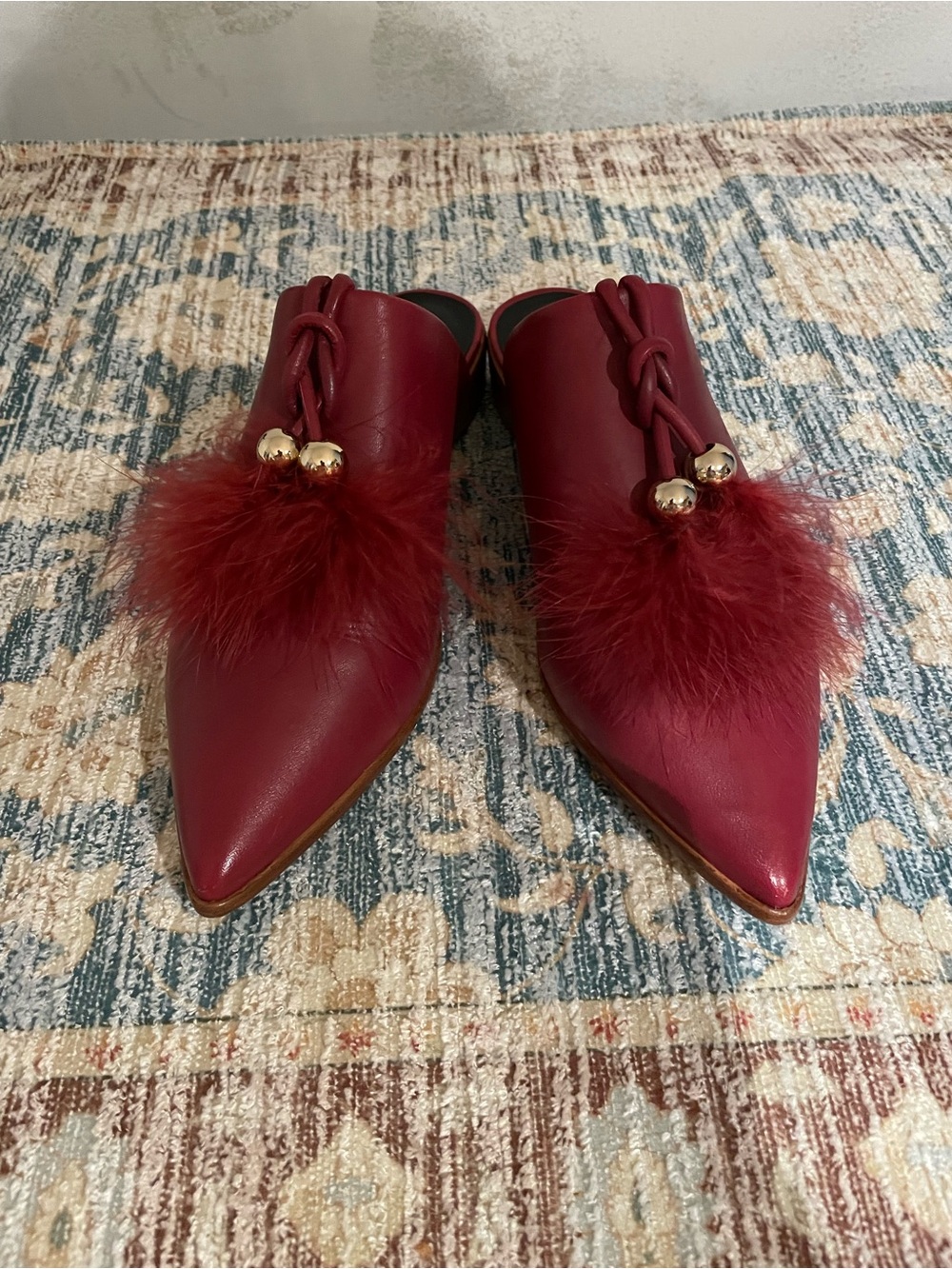 Women’s Burgundy Pointed Toe Feather Detail Mules Size 40.5